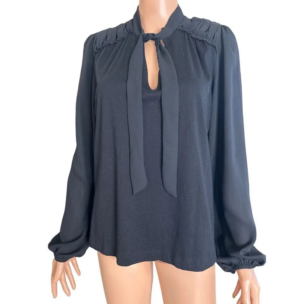 NEW LOFT blouse neck tie puff sleeve black top 2 texture SZ MD
